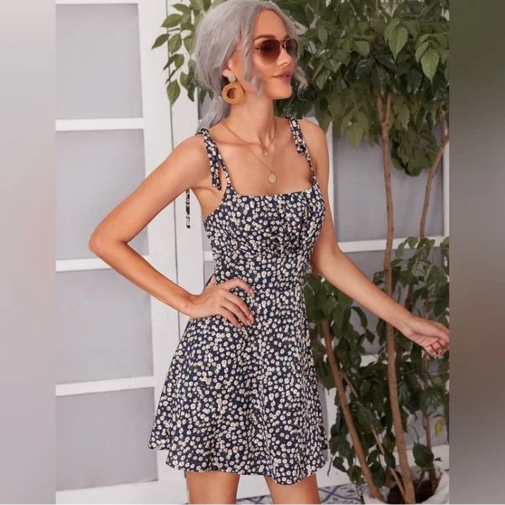 Boho Bliss Navy Blue Ditsy Floral Cami Dress with Flirty Details